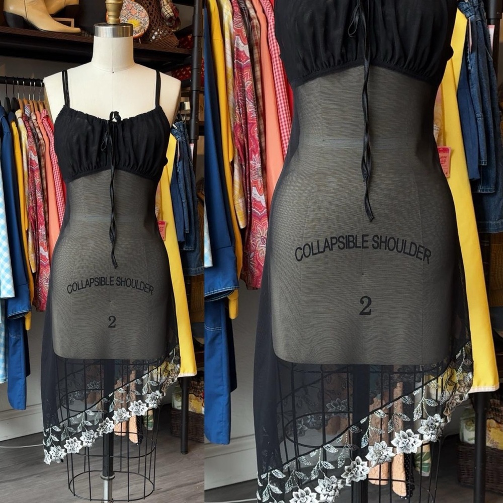 90s/Y2K Sheer Asymmetrical Mesh Slip Dress with Floral Trim